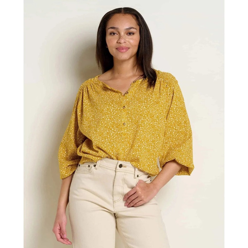 Toad & Co Manzana Peasant Top Mustard Yellow Floral Organic Cotton Blouse M